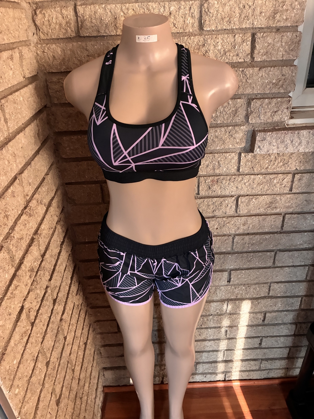 Champion Black & Pink Geometric Sports Bra and Shorts Set